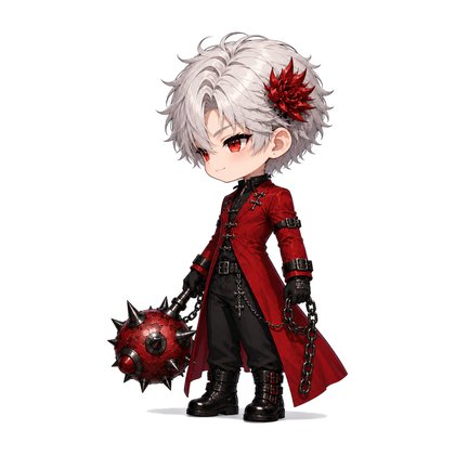 Hot Dog race character in a red coat holding a spiked flail