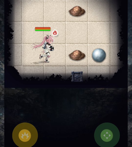 Gameplay: the character moving across the grid past obstacles