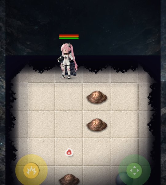 Gameplay: a character standing at the entrance of a grid field with obstacles